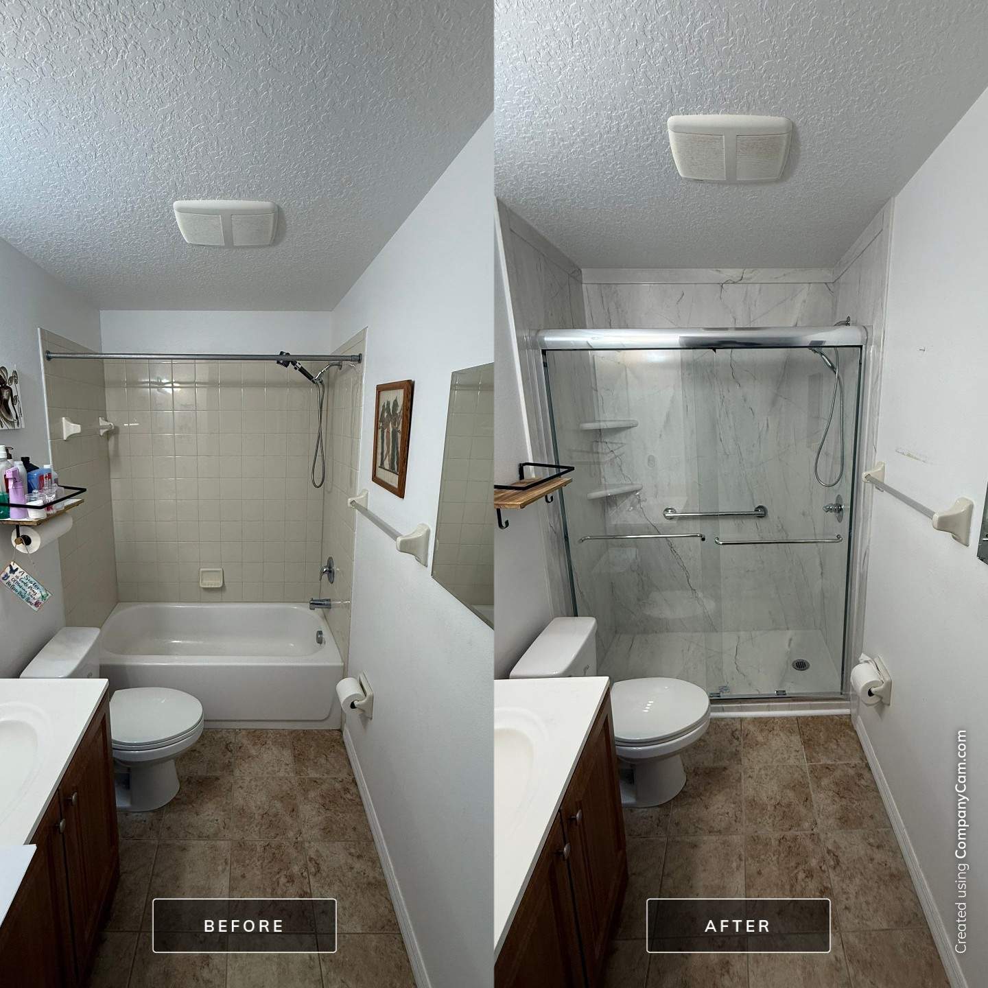 Before and after tub-to-shower conversion in Tarpon Springs Florida